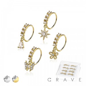 8PCS OF ASSORTED CZ DANGLE 316L SURGICAL STEEL O-RING NOSE HOOP BOX